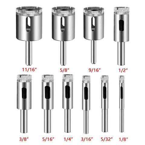 Ten diamond-coated glass drill bits set with metal cylindrical shanks, sizes 1/8 to 11/16 in
