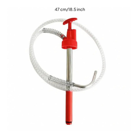 Manual Oil Transfer Pump Portable Siphon With Flexible Hose Handheld Pump for DIYers shown upright with red pump head