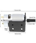 Side view of motor from Mini Table Drill Kit with 12-24V DC Motor, 10000-20000 RPM, mounting bracket and measurements displayed.