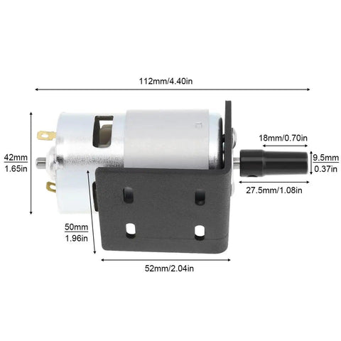 Side view of motor from Mini Table Drill Kit with 12-24V DC Motor, 10000-20000 RPM, mounting bracket and measurements displayed.