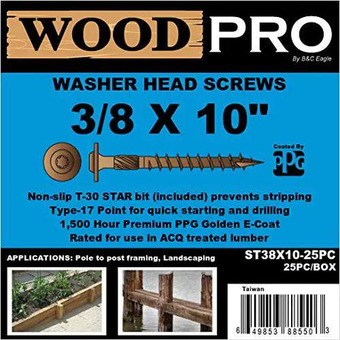 Exterior Wood Screws Three Eighths Inch By Ten Inches Washer Head Torx Drive Type Seventeen Point 25 Pack With Golden E Coat Delivers 1500 Hour Weather Resistant Finish Includes One T30 Star Bit For Decking And Siding Outdoor Projects WoodPro