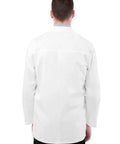Back view of Legit Day Shift Ready Mens Snap Front Lab Coat In Crisp White With Breezy Stretch Fabric for medical professionals.