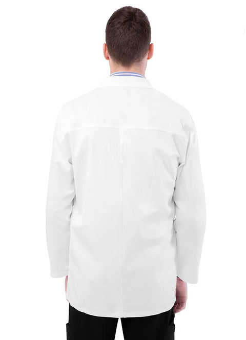 Back view of Legit Day Shift Ready Mens Snap Front Lab Coat In Crisp White With Breezy Stretch Fabric for medical professionals.