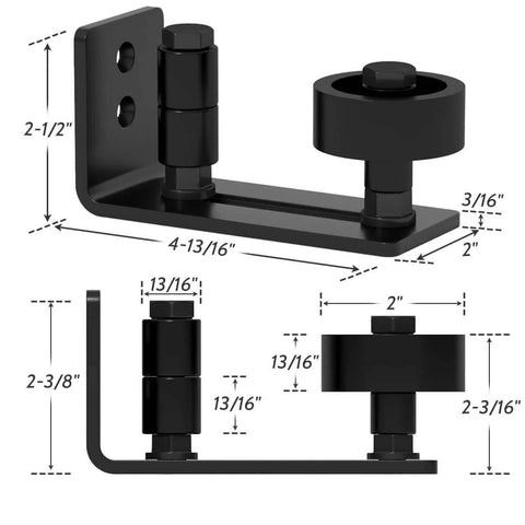 Dimensions and design of Sliding Barn Door Floor Guide 2 Pack For Bottom, 8 Setup Options, Matte Black Finish, Carbon Steel Construction