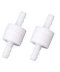Two white Three Eighths Inch Barb Inline One Way Check Valve PVDF Plastic Ozone Resistant Non Return for Fuel Oil Water Gas Pump.