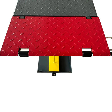Heavy Hitter Portable Mid Rise Scissor Lift Built Like Tank Rock Solid 7000 Lb Capacity platform with textured red and black surface.
