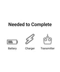 Infographic showing needed items for Carbon Cub S 2 1.3m RC Airplane BNF Basic: battery, charger, transmitter not included.