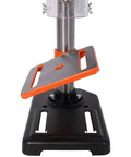 Powerful 8-Inch Benchtop Drill Press With Laser Precision Positioning For Wood And Metal showing tilting worktable and black base.