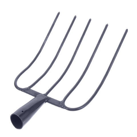 Five Pronged Iron Manure Fork For Farming And Gardening, Heavy Duty Rake For Quick Lawn Cleanup And Manure Removal, Durable Steel Garden Fork For Rural Yards And Outdoor Maintenance with dark blue finish.