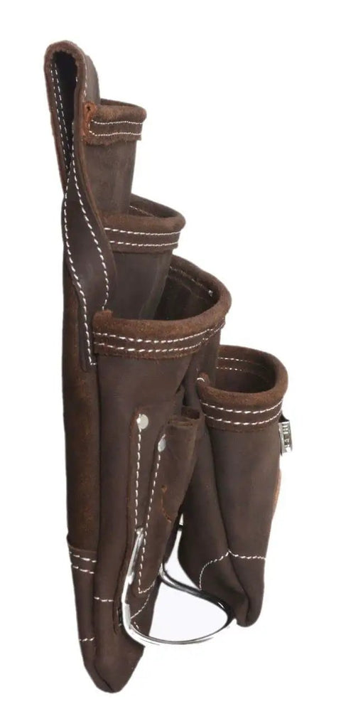 Side view of Oil Tan Leather Tool Pouch With Ten Pockets For Nails Fasteners And Tools Includes Four Main Pockets Six Small