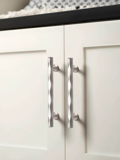 Hammered Silver Brushed Nickel Cabinet Pulls 5 Inch Hole Center 10 Pack for Kitchen Cabinets Bathroom Vanities Dressers Cupboards With Rhombus Design By JIASENBAO installed on white cabinet doors