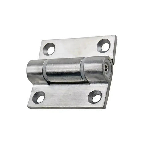 Stainless steel door hinge with adjustable torque; four-hole mounting plate.