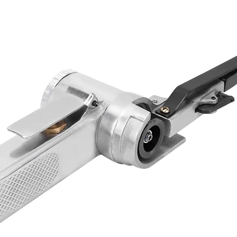 Close-up of 10Mm Pneumatic Belt Sander with adjustable lever and roller, designed for wood and metal polishing.