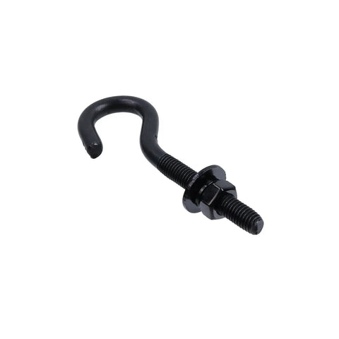 4 Pack Round Eyelet Hook Bolts M8 Long Shank Stainless Steel 304 Corrosion Resistant Heavy Duty Hook Bolts for Indoor Outdoor Use Ideal For Marine, Garage Or Workshop Applications. Black M8 hook bolt with nut and washer, angled view