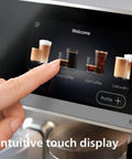 User selecting options on the intuitive touch display of Super Automatic Espresso Maker With Smooth LatteGo Pro Milk Frother Brewextract Grind Boost For Heavy Bean Kick Seven Adjustable Intensities And Fifty Plus Hot Cold Drinks To Hit Your Daily Vibe.
