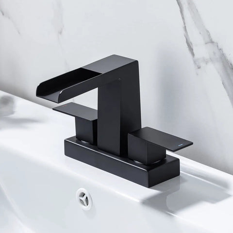 4 Inch Centerset Vanity Sink Faucet With Dual Handle Waterfall Spout Three Hole Basin Mixer Dope Matte Black Finish