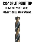 135° split point tip of 29 Piece Quick Change Hex Shank Drill Bit Set 1/16 Inch To 1/2 Inch In Plastic Case For Handheld And Impact Drills M2 High Speed Steel Bits For Wood Metal Stainless Steel Aluminum And More