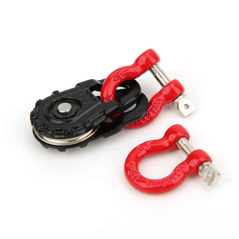 Three Piece RC Car Steel Rope Pulley Lock Sleeve Set for 1 10 Scale Crawlers, Snatch Block Winch Tow Strap Hook Trailer Kit for Gnarly Climbing Action, Durable Steel Construction for Rugged Trails. Black pulley and red lock sleeve set for 1/10 RC crawlers