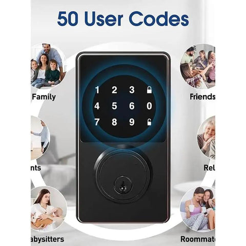 First Class Keyless Entry Smart Lock With Backlit Touchscreen Keypad showing secure keypad with 50 user codes.