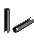 Two slotted spring pins from Slotted Spring Pin Kit 6mm By 25mm Plain Finish 65Mn Steel Roll Set 30 Pieces, side and angled views.