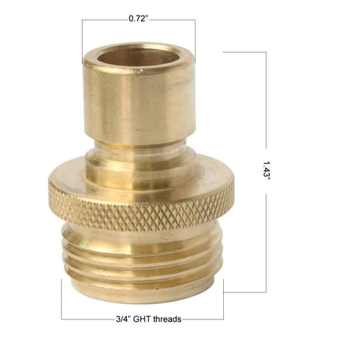 Brass 3/4 inch GHT thread male quick connect fitting, part of Brass 4-Piece Quick Connect Garden Hose Fittings, 2 Sets, Heavy Duty Adapters With Grippy Handles, No Tools Needed, Fast Leak-Free Connections For Easy Garden Watering, ideal for hose attachment shown with dimensions.