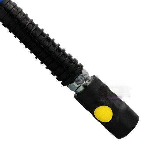Heavy Duty Compressed Air Piping Connectors Fit For Workshop Featuring Anti Marring Steel Inner Construction Brass Ends For Smooth Up To 300 PSI Flexibility Rock Solid Build Great For Garage Repairs Getting Stuff Done Fast When Needed. black compressed air hose connector with brass end and ribbed sleeve