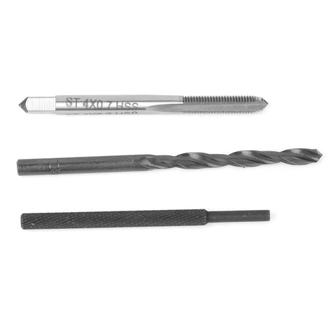 Components of Stainless Steel Helicoil Thread Repair Kit Set For M4 X 2D Screws, drill bit, tap, and insertion tool.