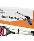 Foldable 32 Inch Grabber Reacher for seniors with rotatable clamp head and non slip grip, shown with packaging box.