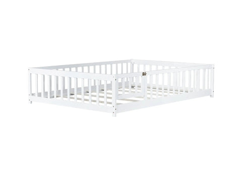 White Full Rubber Wood Floor Bed With Safety Guardrails And Fence Door, Heavy Duty Wobble Free Foundation, No Box Spring Required
