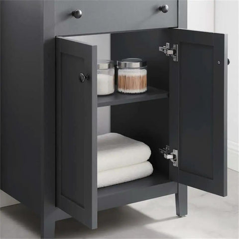 Open doors of Nantucket 24 Inch Walnut Bathroom Vanity Cabinet for modern bath with sleek lines and solid build showing storage