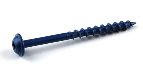 Side view of Blue-Kote Pocket-Hole Screws 2-Inch Coarse-Thread Maxi-Loc Flat Head, ideal for outdoor woodwork.