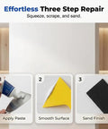 Three-step drywall repair process using Drywall Repair Kit With Scraper And Quick Drying Mending Agent For Holes And Cracks