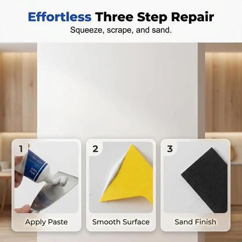 Three-step drywall repair process using Drywall Repair Kit With Scraper And Quick Drying Mending Agent For Holes And Cracks