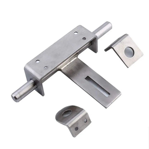 Heavy Duty Stainless Steel Slide Bolt Gate Latch With Tough As Nails Barrel Lock For Barn And Warehouse Doors, mounted with installation pieces.