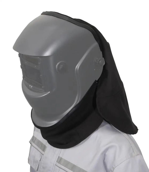 Two Piece FR Cotton Front Bib and Rear Extended Hood Welding Helmet Accessory with Press-In Seal on model's head
