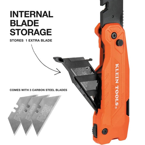 Klein Tools FlickBlade 2-in-1 folding utility knife with built-in blade storage and three carbon steel blades.