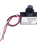 Dusk to Dawn Photocell Sensor Switch for Outdoor Lighting, 120V AC Auto Light Control, UL Listed shown with wiring and label details.