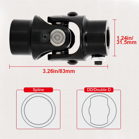 Beefy Three Quarter Inch 36 Spline To Three Quarter Inch DD Steering Shaft U Joint Black Universal Joint Coupling 83mm Length