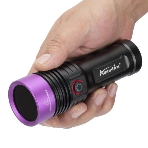 Person holding SV53 15W 365nm UV Flashlight Pro Grade USB Rechargeable Black Light for Pet Urine Detection, Resin Curing