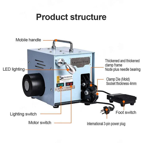 Heavy Duty Electric Terminal Crimping Tool For 0.04-6 Mm2 Wires With Foot Pedal And Led Light showing product structure and features.
