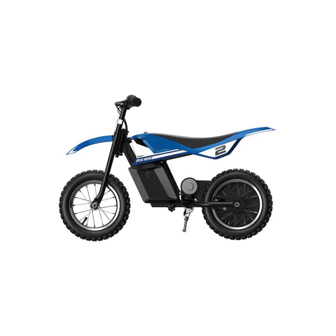 Side view of MX125 Dirt Rocket Electric Dirt Bike For Kids 7 Plus with blue frame, 100W motor, 12 inch wheels, kickstand.