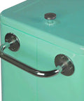 Close-up of handle on 80 Qt Retro Rolling Cooler Ice Chest Cart With Shelf And Bottle Opener Seafoam Perfect For Backyard Bbqs And Bar Nights Keeps Drinks Cold For Days Party Ready