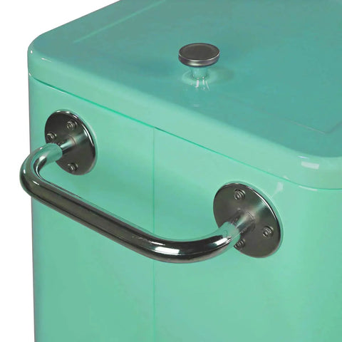 Close-up of handle on 80 Qt Retro Rolling Cooler Ice Chest Cart With Shelf And Bottle Opener Seafoam Perfect For Backyard Bbqs And Bar Nights Keeps Drinks Cold For Days Party Ready