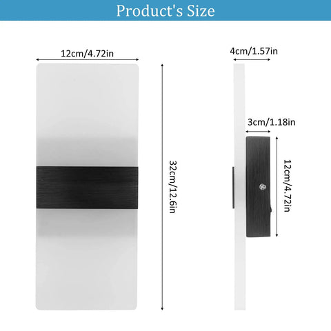 Modern Indoor Wall Sconces Set Of Two LED Wall Mount Lamps 12W Cool White 6000K with size dimensions