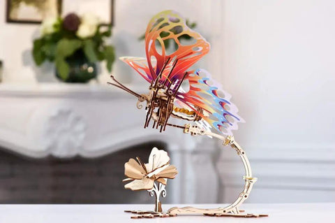 Wooden 3D Butterfly Puzzle Construction Set, Interlocking Mechanical Model With Clicking Assembly, Durable Craft Kit For Kids And Adults, Includes Illustrated Tutorial In 11 Languages And Fascinating Gear Motion, wooden butterfly model on stand