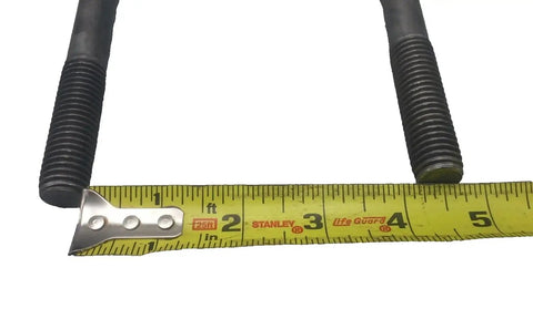 Beefy U-Bolt Kit For Trailer Axles Five Eighths Inch By Four Inch By Eight And A Half Inch With Tie Plates And Nuts, Easy Install For Securing Axles To Two Inch Wide Leaf Springs. black steel U-bolt kit measured on tape