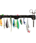 Magnetic Fishing Lure And Tool Organizer With Patented Design, Heavy Duty Neodymium Magnets For Secure Lure Changes, Black rack with lures.