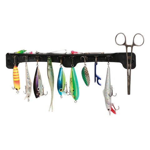 Magnetic Fishing Lure And Tool Organizer With Patented Design, Heavy Duty Neodymium Magnets For Secure Lure Changes, Black rack with lures.