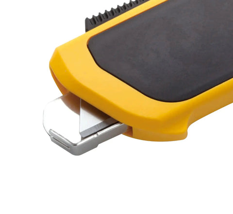 Self Retracting Safety Knife With Fully Auto Blade Release And Round Tip, spring blade extended, yellow black grip