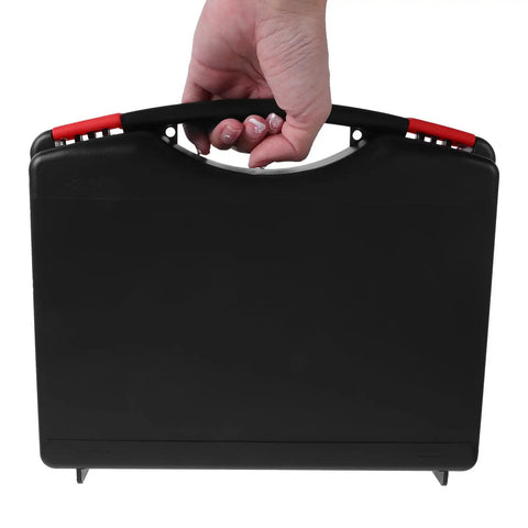 Top Tier Portable Tool Organizer Box With Sturdy Handle, Drop Guard Plastic Toolbox For Garage Mods And Vehicle Fixes being held by a hand.